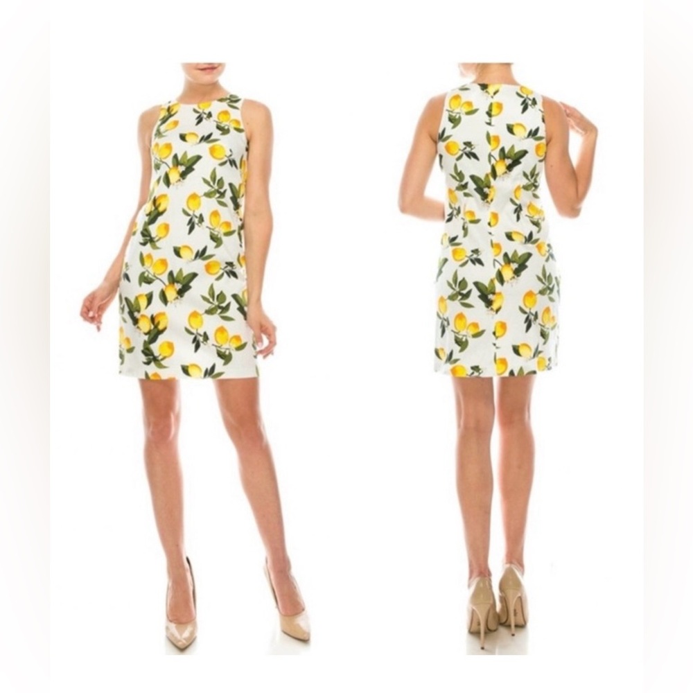 London Times Lemon Print Sheath Dress White Yellow Size 4 Sleeveless Lined